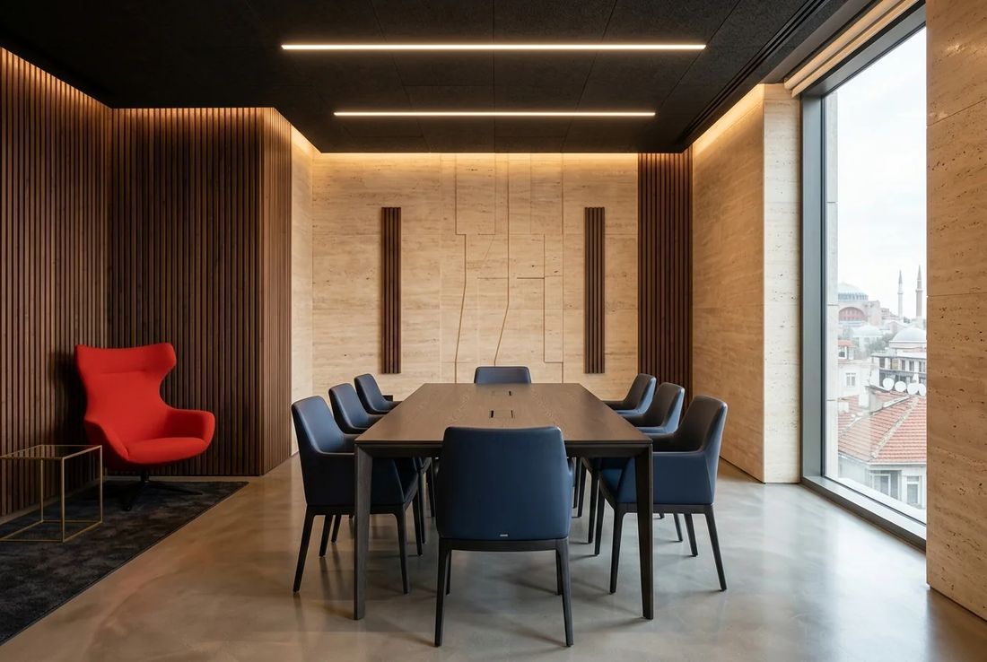 Contemporary criminal defense consultation chamber with acoustic timber slats, dark oak table, navy chairs and a red armchair