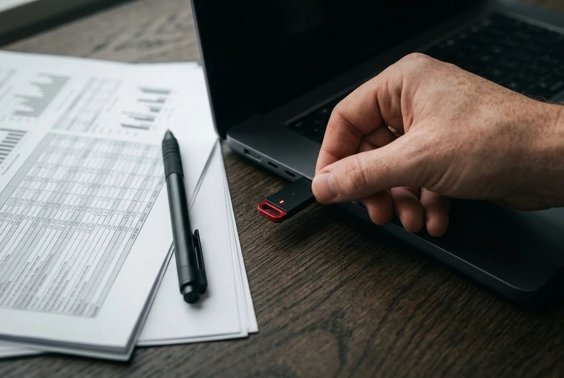 Single hand inserting a security token key into a laptop beside forensic financial records and bank transaction logs