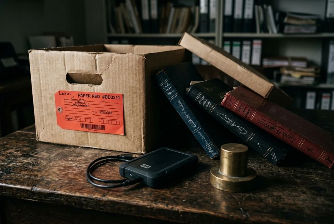 Kraft forensic archive evidence box with red label, encrypted storage drive, financial audit ledger and brass paperweight