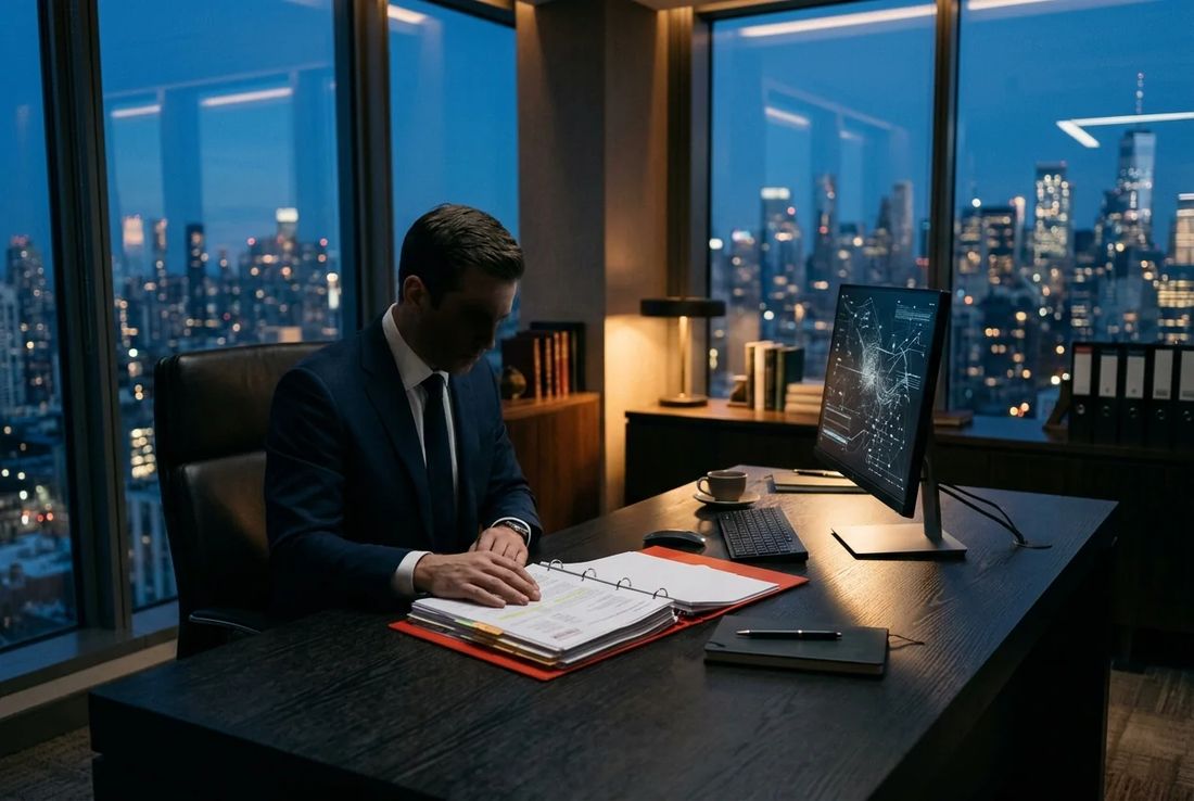 White-collar defense lawyer in a navy suit reviewing financial fraud data on screens in an Istanbul office with a case binder on walnut desk