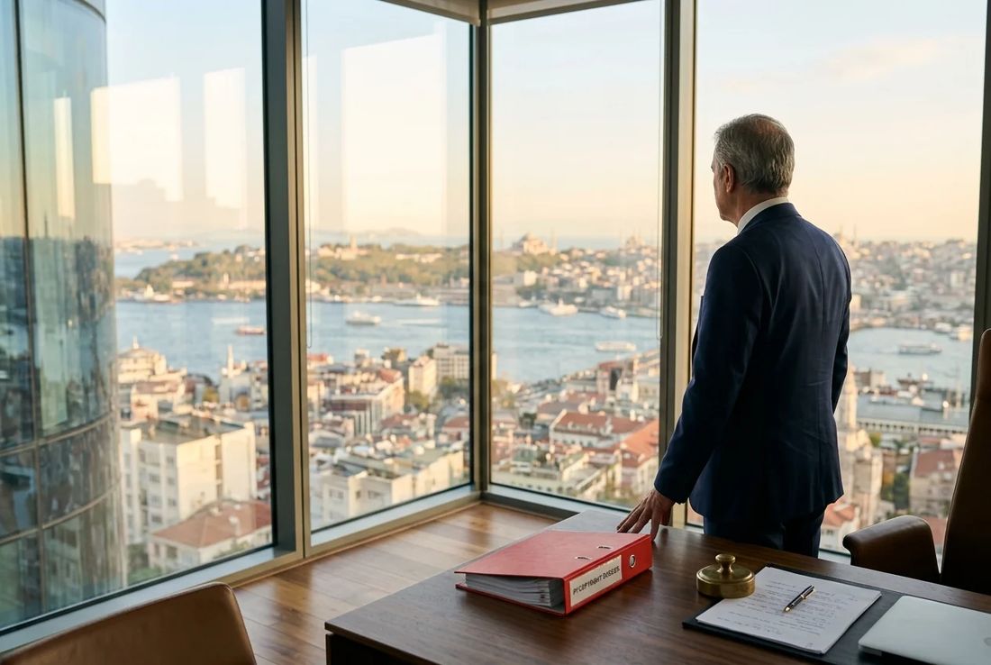 Technology and IP lawyer in a dark navy suit reviewing corporate copyright assignment files in an Istanbul high-rise office overlooking the Bosphorus