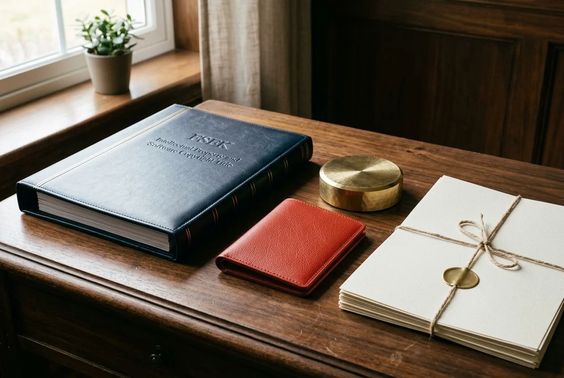Navy FSEK copyright and software IP binder beside a textured red leather economic rights transfer wallet, brass cylinder weight and Ministry filings