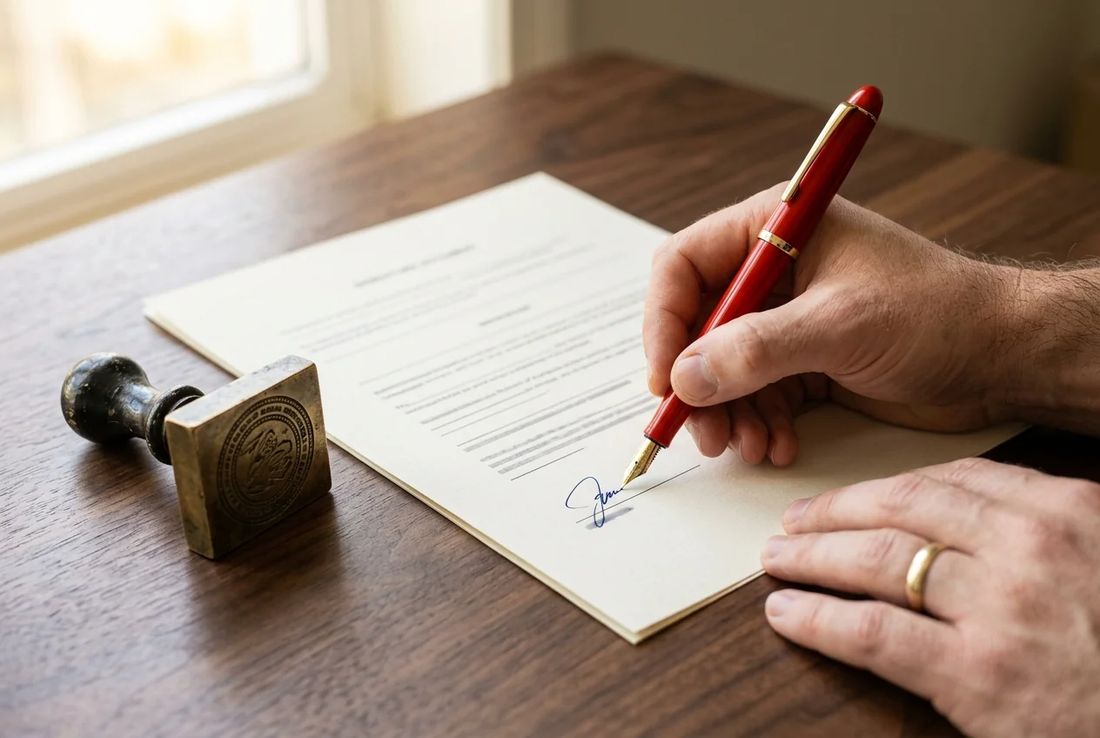 Single natural hand executing a software copyright assignment agreement and economic rights transfer schedule with a red fountain pen