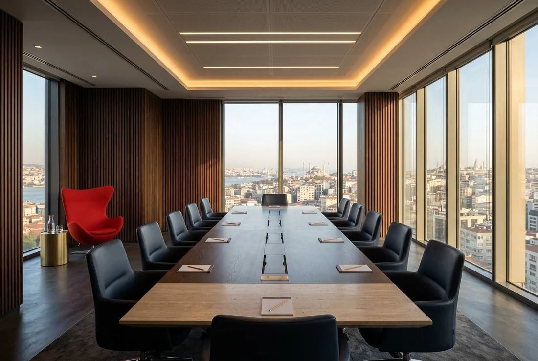 High-level technology IP licensing and negotiation room with acoustic timber-slatted walls, travertine conference table, Istanbul skyline and a red chair