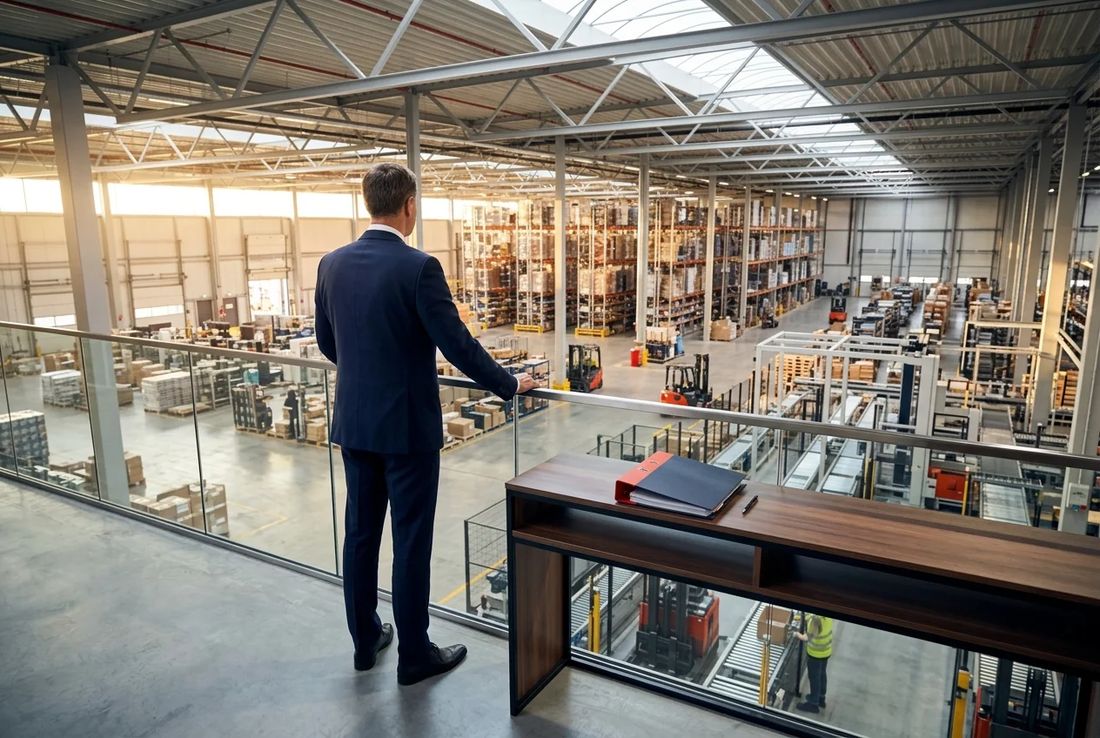 Corporate antitrust strategist in a dark navy suit observing operations from a glass mezzanine in an Istanbul logistics hub with a red compliance folder