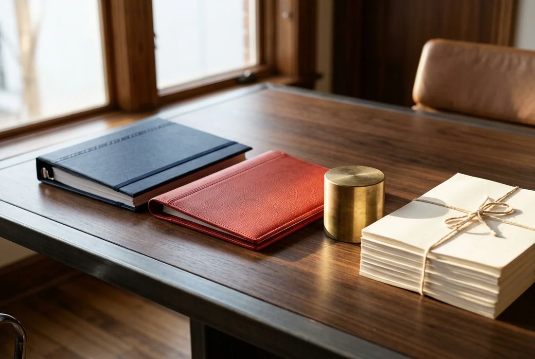 Navy antitrust compliance binder beside a textured red leather distribution agreement portfolio and linen-bound market reports