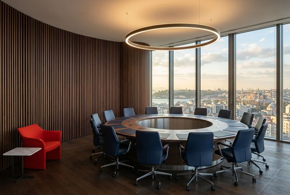 Contemporary antitrust hearing chamber with acoustic ribbed timber walls, circular conference table, halo lighting and a red accent chair