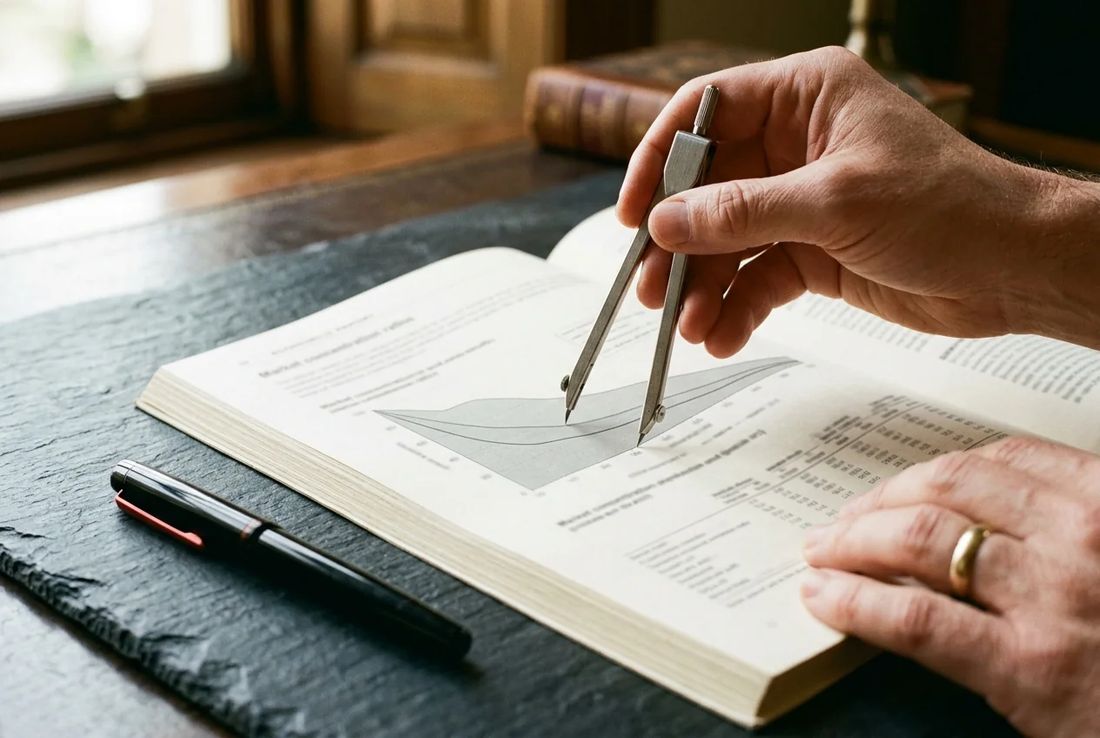 Single hand measuring market share concentration curves on an antitrust economic report with a stainless steel divider beside a pen
