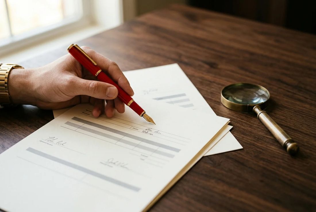 Single natural hand reviewing an official valuation report and conformity certificate with a red pen and brass magnifier on a walnut desk