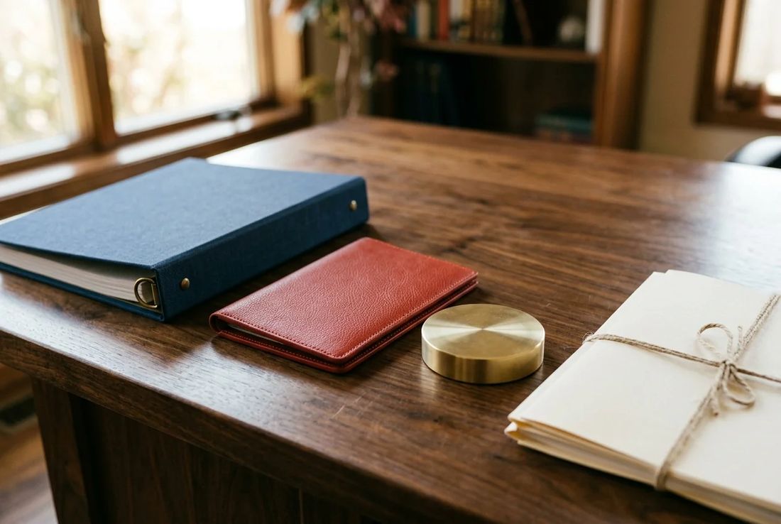 Navy citizenship dossier binder, textured red leather passport case, linen-tied family civil registry records and brass weight