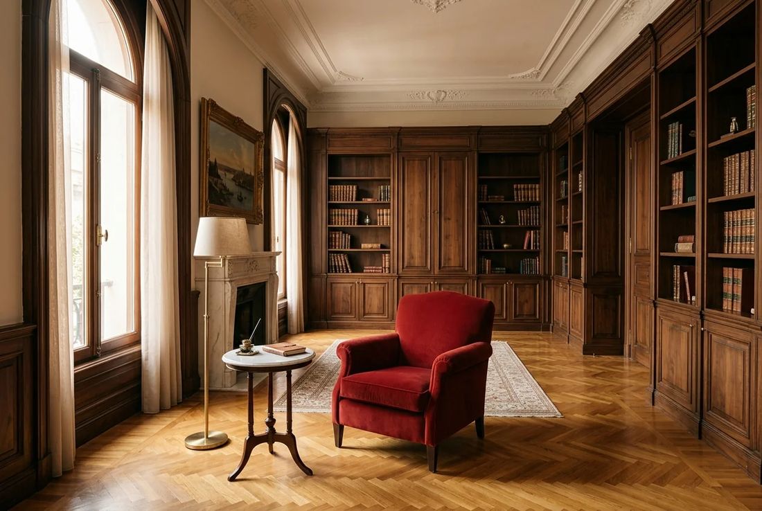 Historic Istanbul private client legal consultation salon with arched windows, walnut library, fireplace and a red velvet armchair