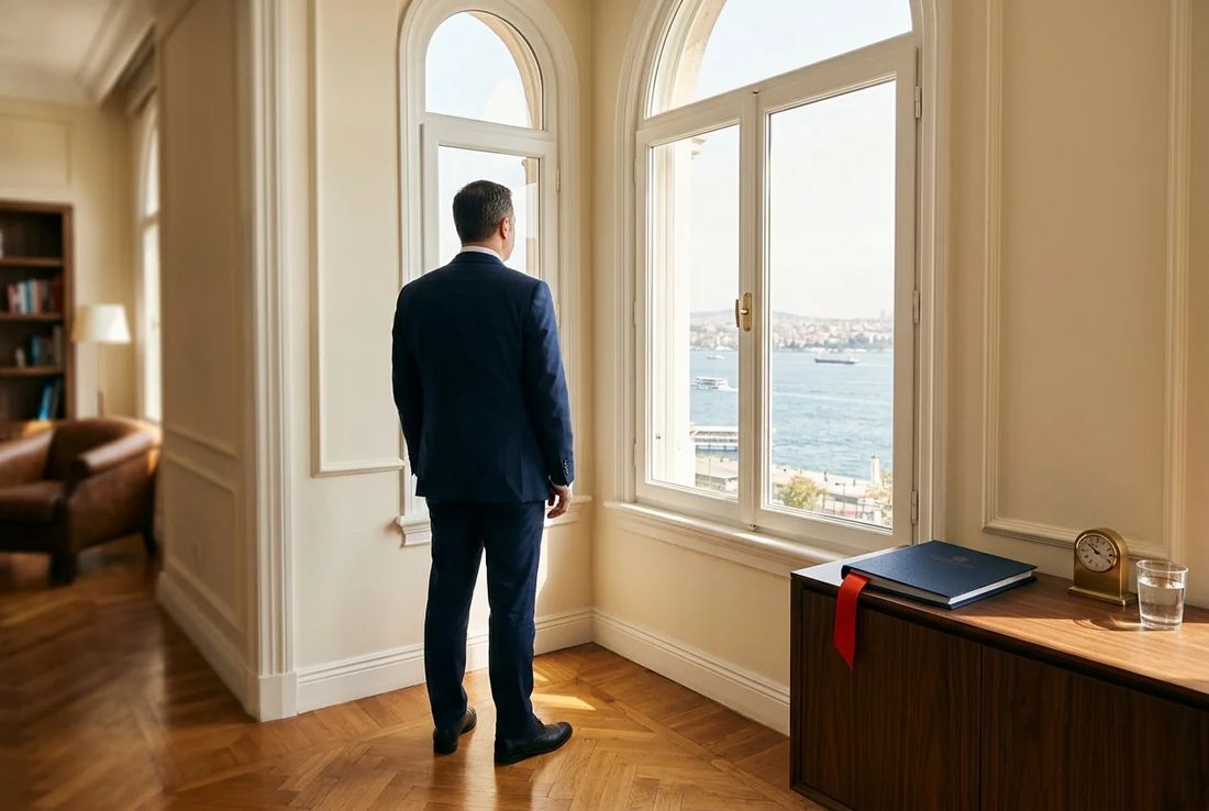 Foreign investor in a navy suit overlooking the Bosphorus from an Istanbul office with a citizenship application portfolio on walnut desk