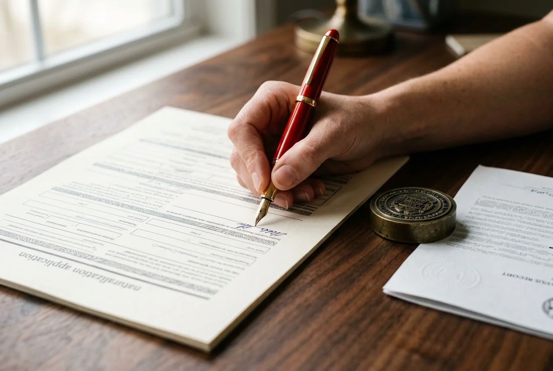 Single hand signing an official citizenship application form and apostilled civil registry record with a red fountain pen and brass seal weight
