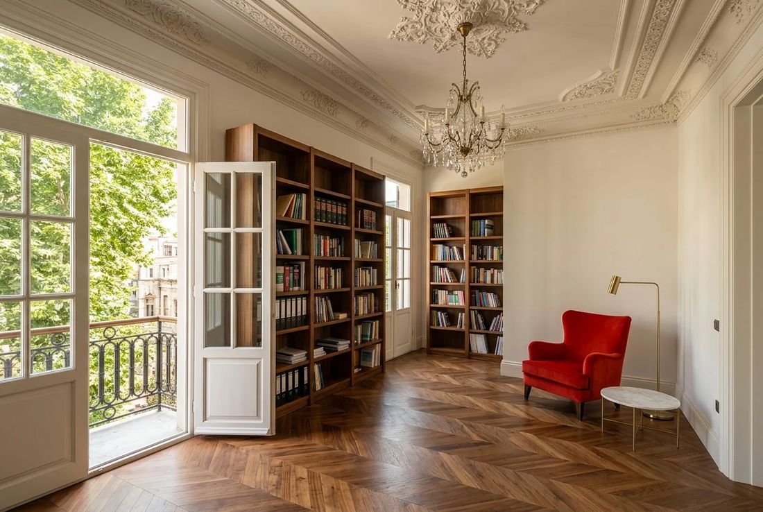 Restored historic Istanbul citizenship and civil status legal consultation salon with French balcony, timber library, chandelier and a red velvet armchair