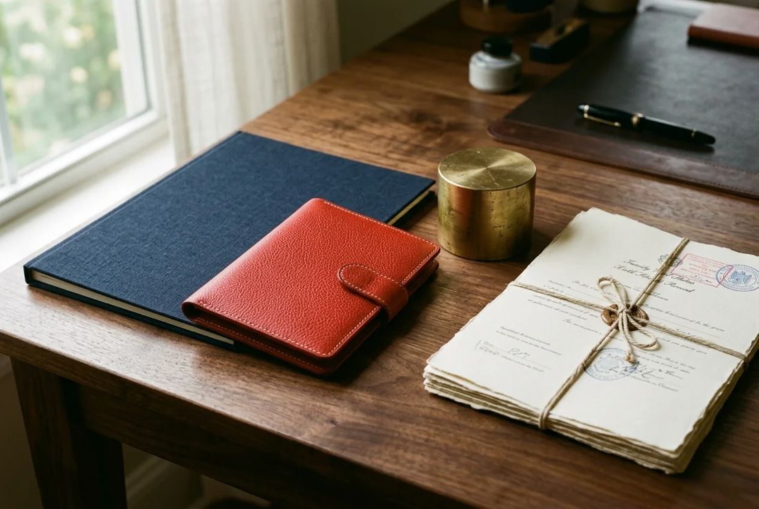 Navy citizenship application portfolio, textured red leather document wallet, brass cylinder weight and linen-tied certified civil records