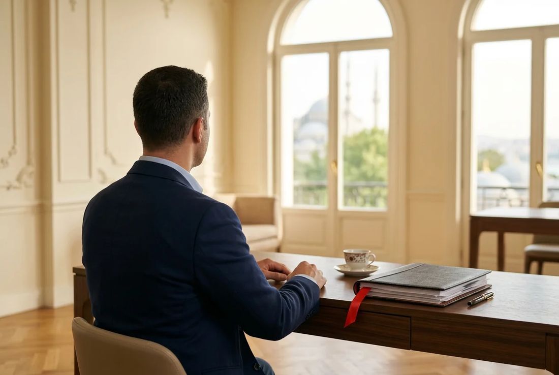 Foreign applicant in a navy jacket seated in a bright neoclassical private consultation salon with a citizenship dossier and red bookmark on desk