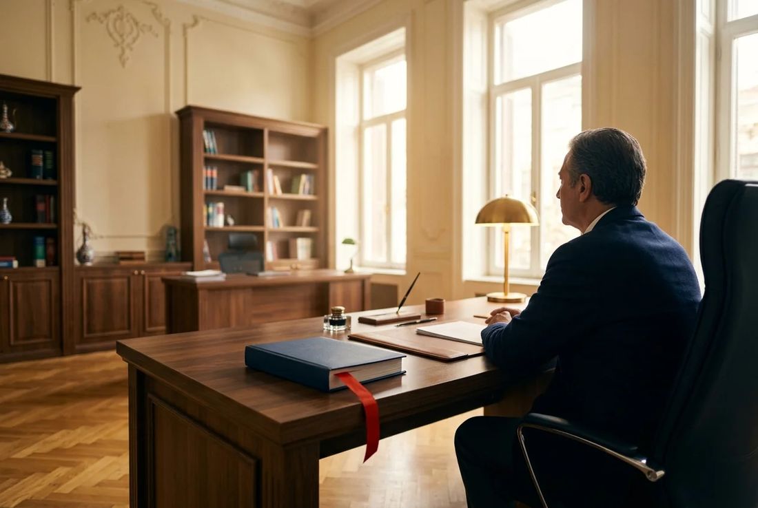 American heir in a navy blazer looking out from a high-ceilinged Istanbul office over historic landmarks with an inheritance estate file on desk