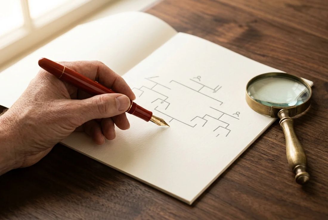 Single natural hand reviewing an inheritance lineage chart with a red fountain pen and vintage brass magnifying glass