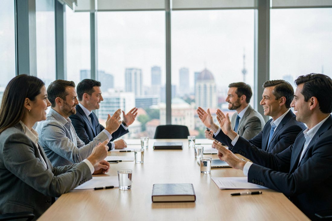 Shareholders in plain business clothes and a lawyer around a long table in a glass-walled Istanbul boardroom voting by show of hands, ballot slips and a minute book on the table