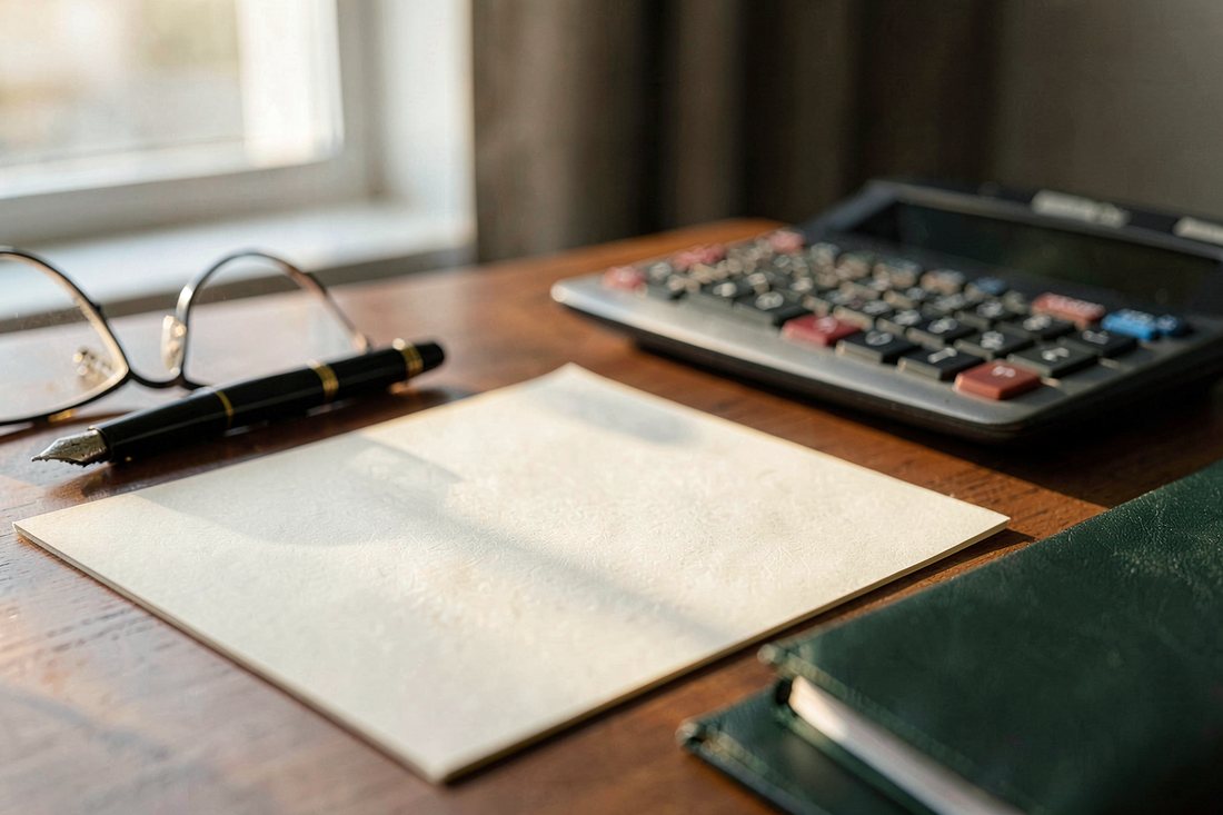 Close-up of a desk in a Turkish law office: a fountain pen resting on a general assembly minute sheet, a blank-faced seal, a calculator and a closed folder beside it