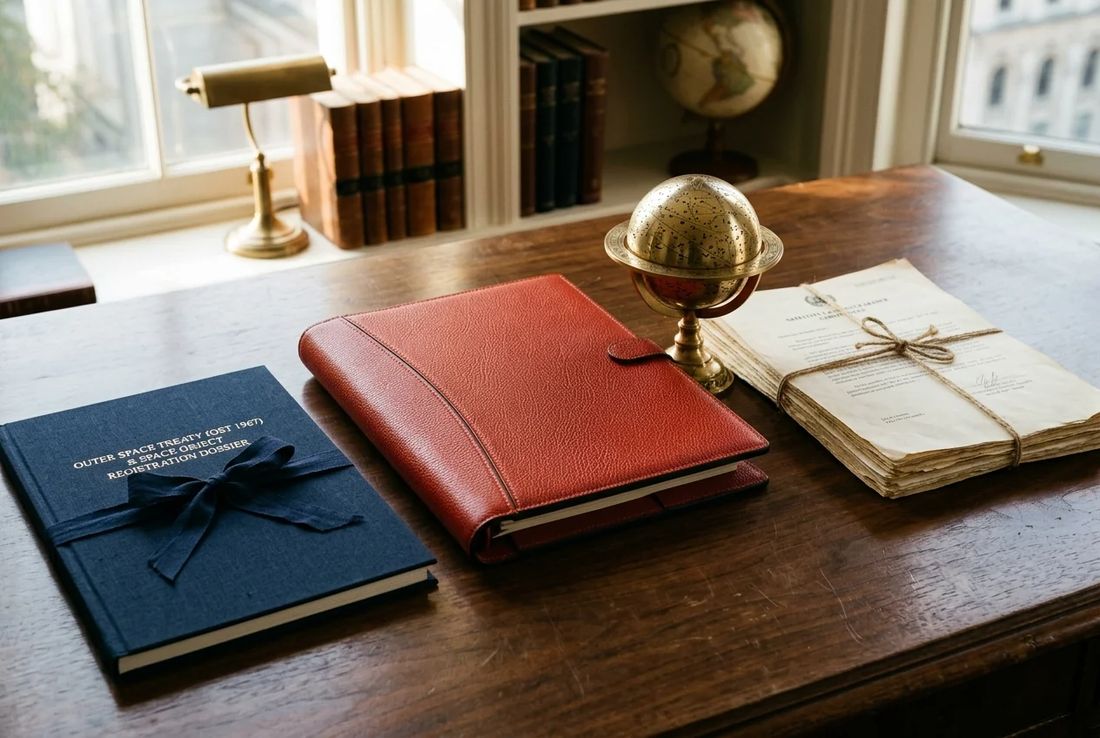 Navy Outer Space Treaty (OST 1967) and orbital object registry binder, red leather dual-use aerospace portfolio, brass celestial globe and launch permits