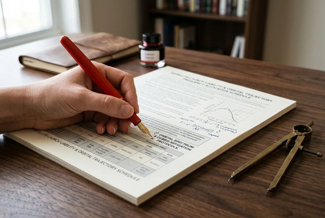 Single hand examining satellite orbital frequency allocations and liability treaty schedules with a red pen and brass divider