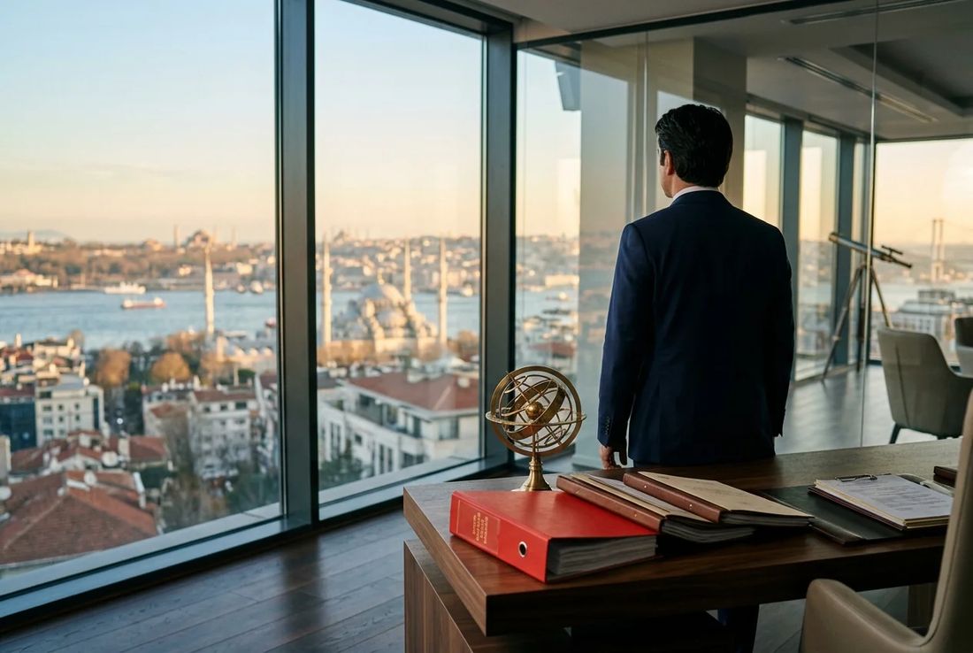 Space and aviation law counsel in a dark navy suit overlooking the Bosphorus from an observatory office with an Outer Space Treaty file on desk