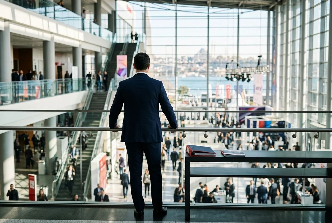 Antitrust compliance lawyer in a navy suit standing at a glass railing overlooking a trade fair atrium with a competition compliance dossier