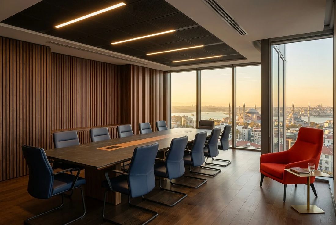 Executive competition briefing room with acoustic vertical timber slats, stone conference table, sunset Istanbul view and a red sculptural chair