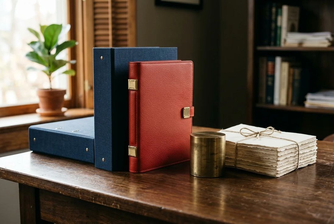 Navy dawn raid and investigation defense binder beside a red leather trade association compliance guide, brass weight and competitor contact logs