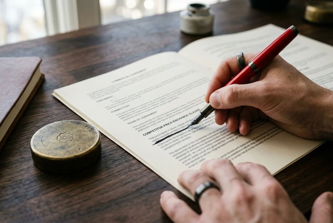 Single hand redacting sensitive competitor pricing terms on an open commercial agreement with a red pen and brass seal weight