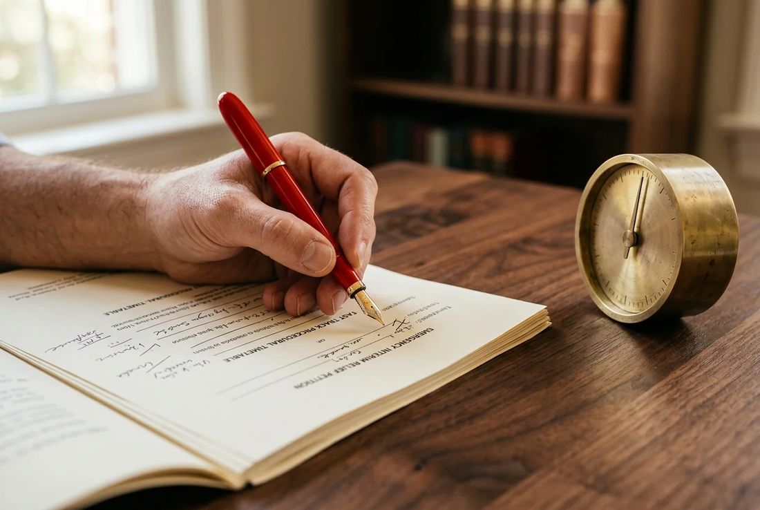 Single hand reviewing an urgent emergency interim relief application and expedited arbitration schedule with a red fountain pen and timer