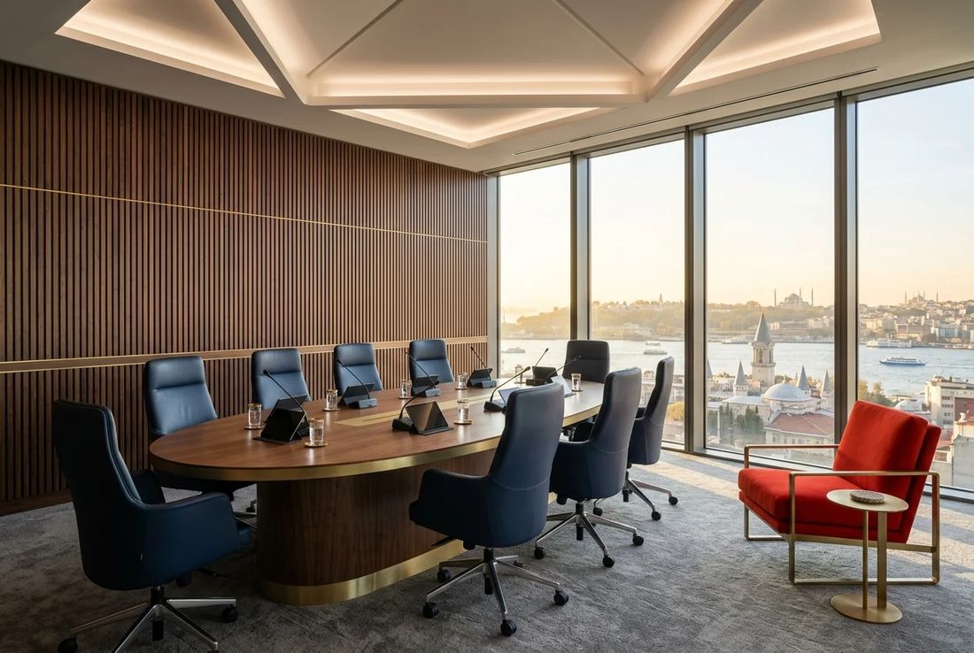 Contemporary ISTAC deliberation chamber with vertical acoustic timber slats, elliptical table, Galata and Bosphorus view and a red armchair