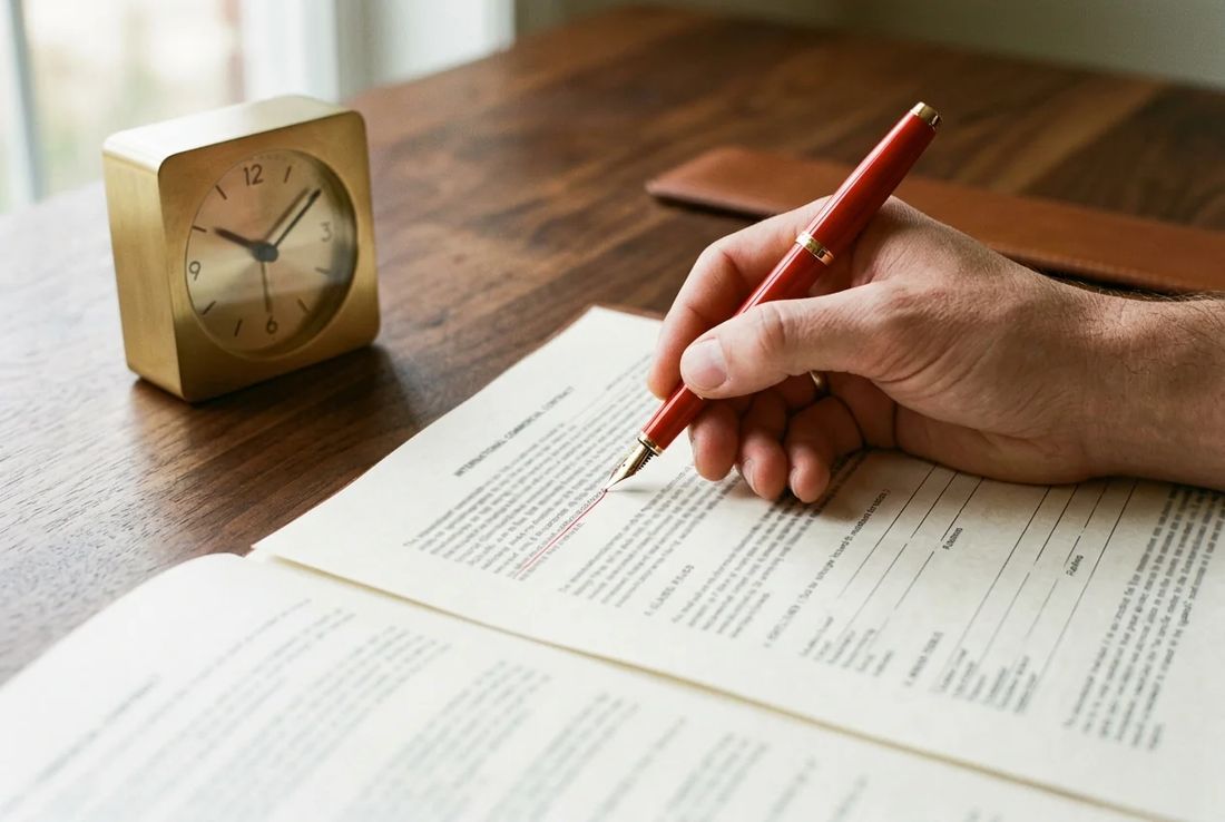 Single hand examining an arbitration dispute resolution clause in a commercial contract with a red fountain pen and hearing timer