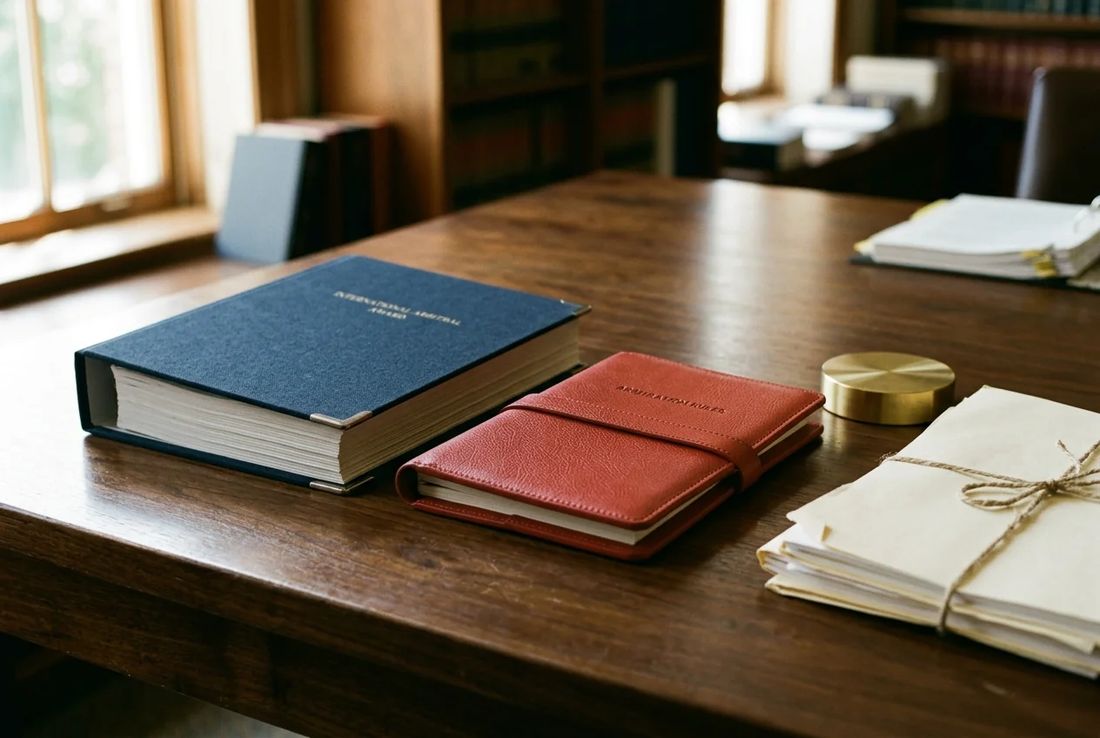 Navy bound international arbitral award dossier beside a red leather arbitration manual, brass weight and procedural orders