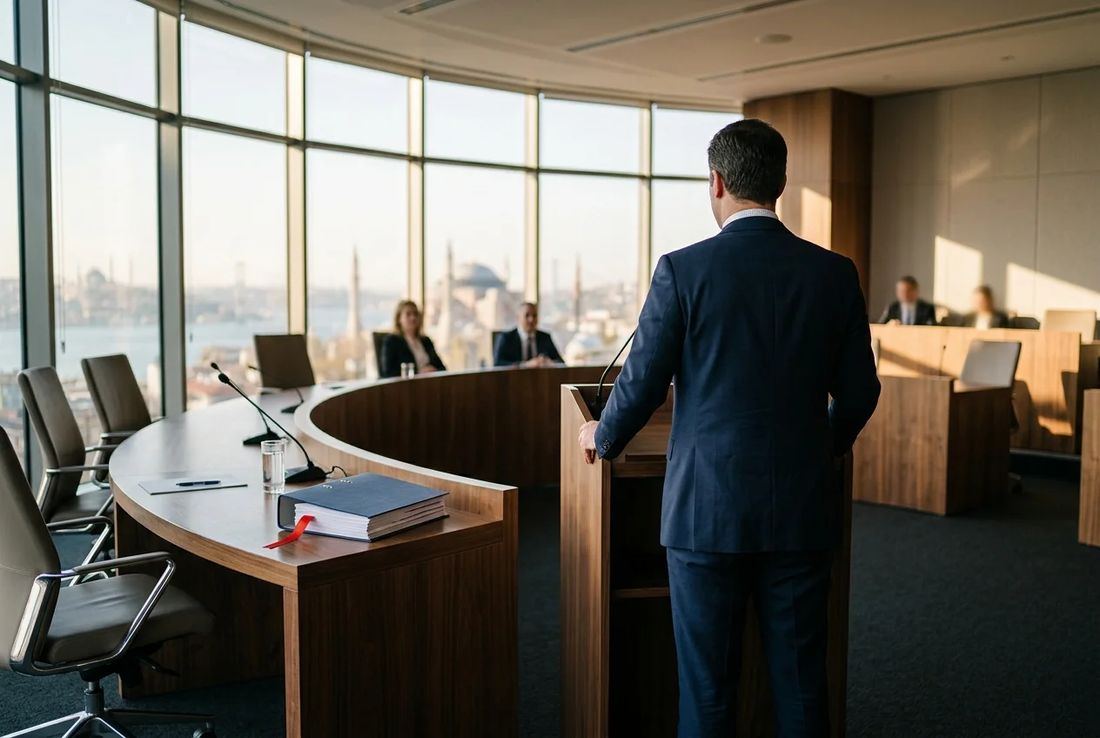 International commercial arbitration counsel in a navy suit standing at a lectern in an Istanbul arbitration center with a case file