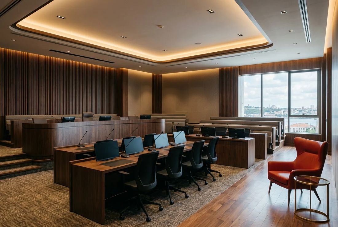 Premier Istanbul arbitration hearing room with tiered seating, acoustic ribbed wood walls, tribunal bench and a red accent chair