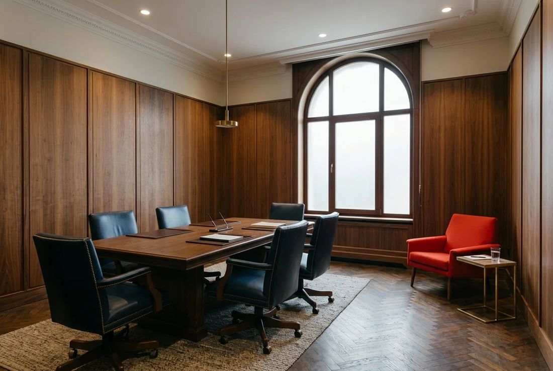 Historic courthouse private lawyer-client consultation room with timber-slatted walls, solid oak table, frosted arched window and a red chair