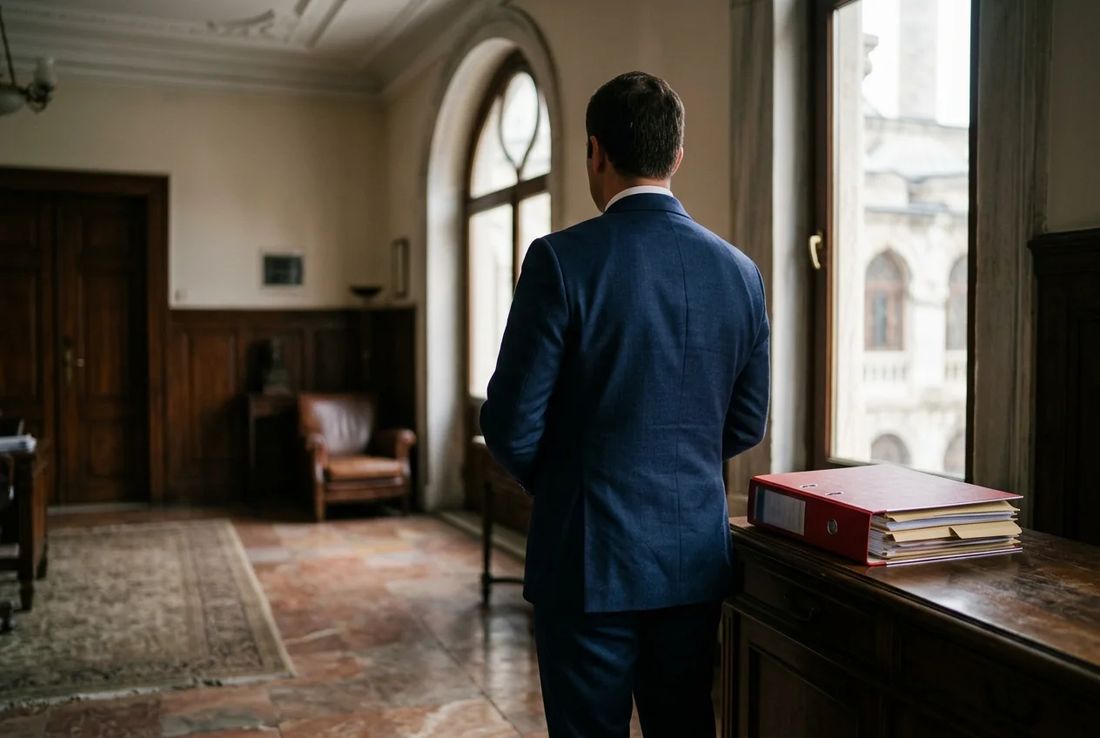 Criminal defense attorney in a navy suit standing at an arched window in a historic Istanbul courthouse consultation room with a detention file