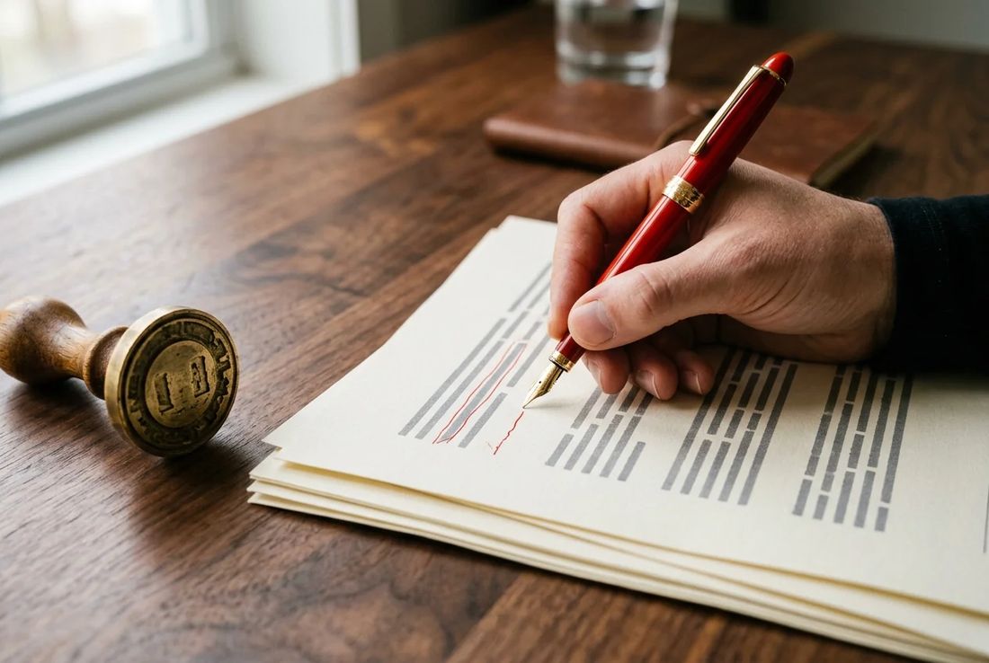 Single hand auditing an official police statement record and sworn interpreter protocol with a red pen and brass seal stamp