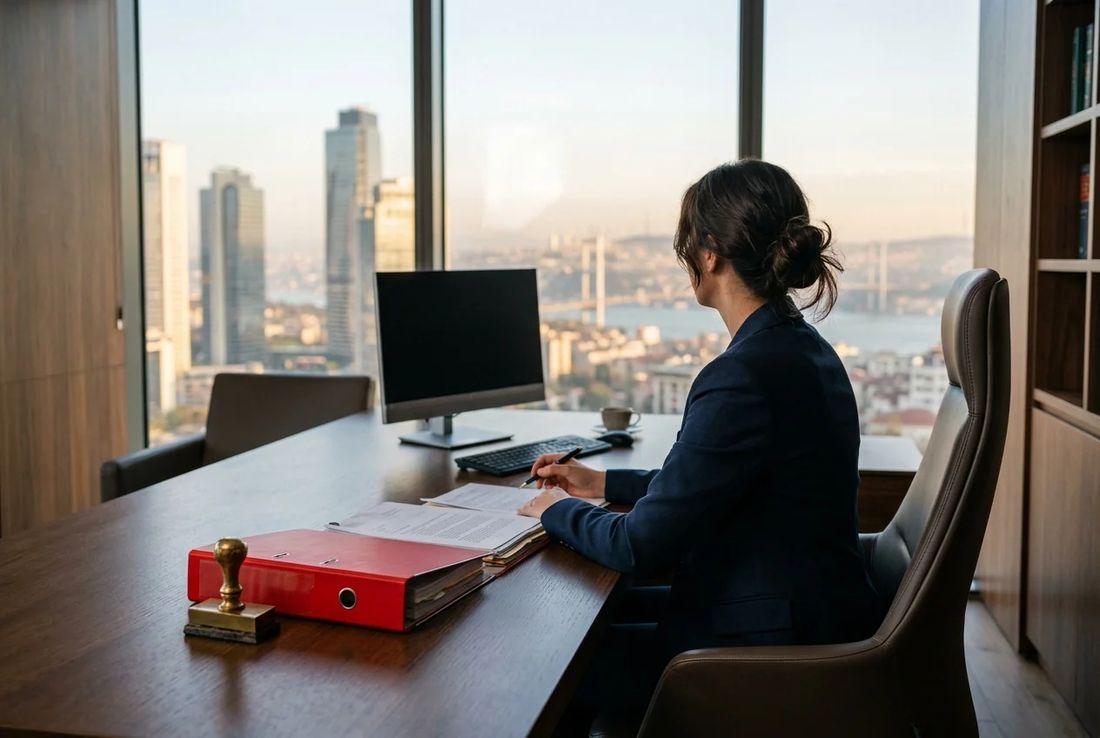 Commercial debt recovery lawyer in a navy suit reviewing dishonoured cheque enforcement records in an Istanbul office overlooking the skyline