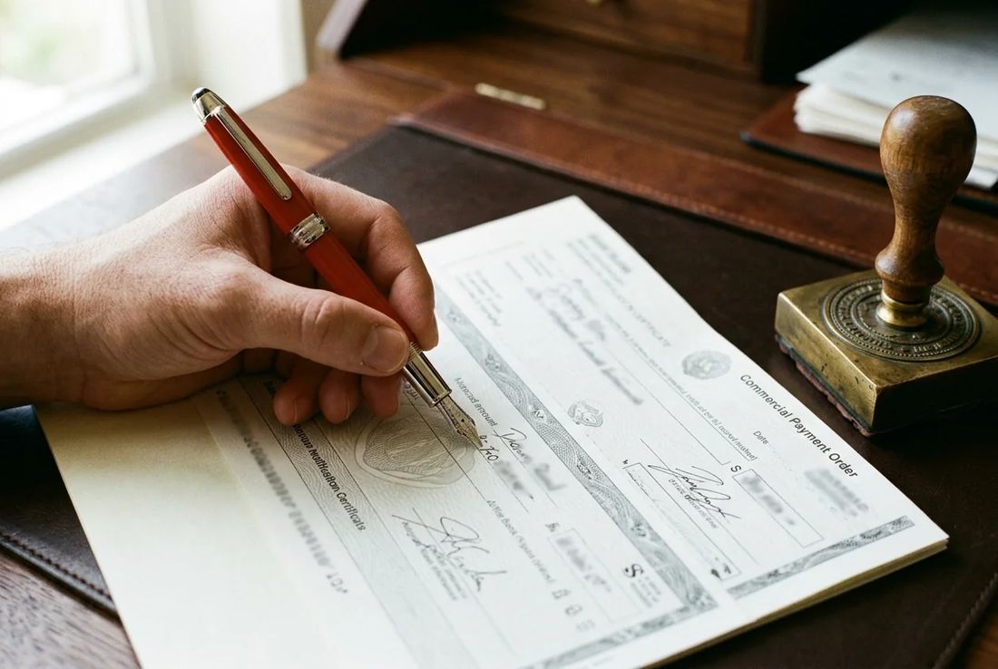 Single natural hand recording a formal bank dishonour stamp on an unpaid commercial cheque beside an exchange ledger and brass pen