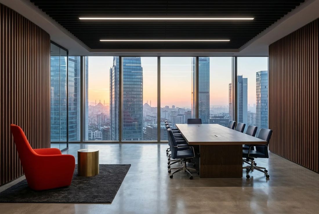 Contemporary commercial debt negotiation suite with acoustic timber-slatted walls, oak table, financial district view and a red accent chair