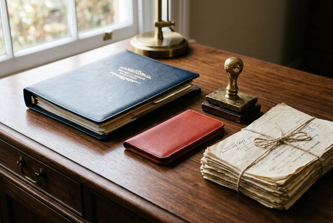 Navy bills-of-exchange enforcement portfolio (kambiyo takibi), textured red leather cheque dispute binder, brass seal stamp and bank protest forms