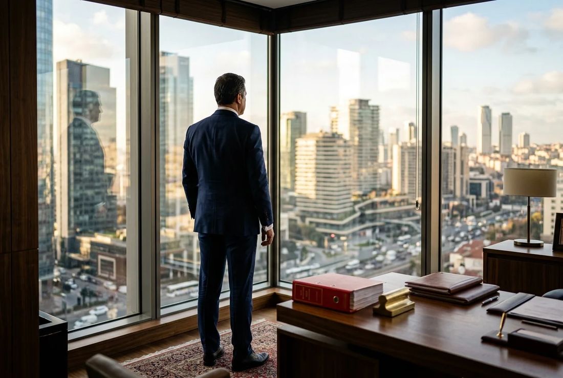 Banking and finance law partner in a dark navy suit reviewing syndicated loan facility agreements in an Istanbul office overlooking financial towers