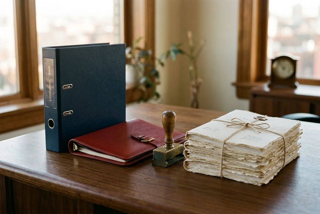 Navy BDDK regulatory compliance and capital adequacy binder, textured red leather credit wallet, brass weight and syndicated guarantee files