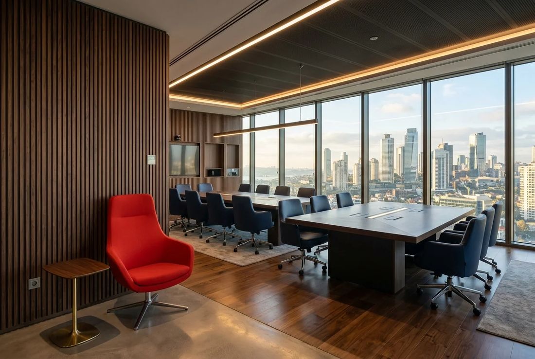 Executive project finance and credit committee boardroom with acoustic timber-slatted walls, dual conference tables, skyline view and a red accent chair
