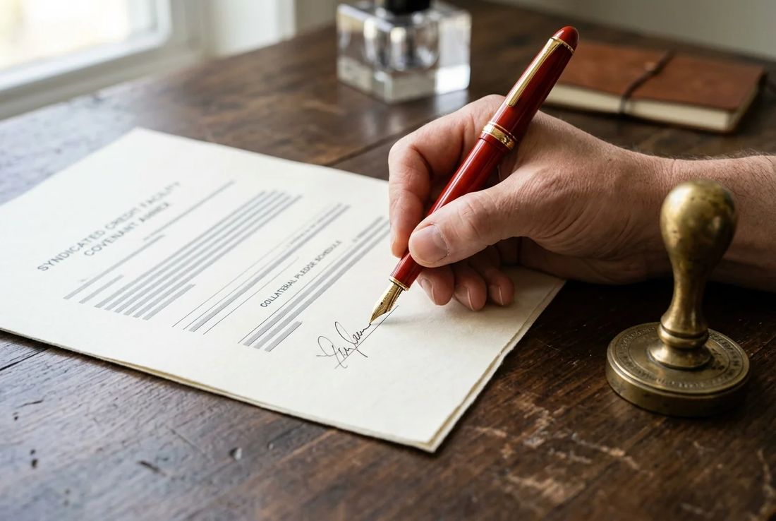 Single hand executing a syndicated loan security pledge agreement and financial guarantee schedule with a red fountain pen and brass seal stamp