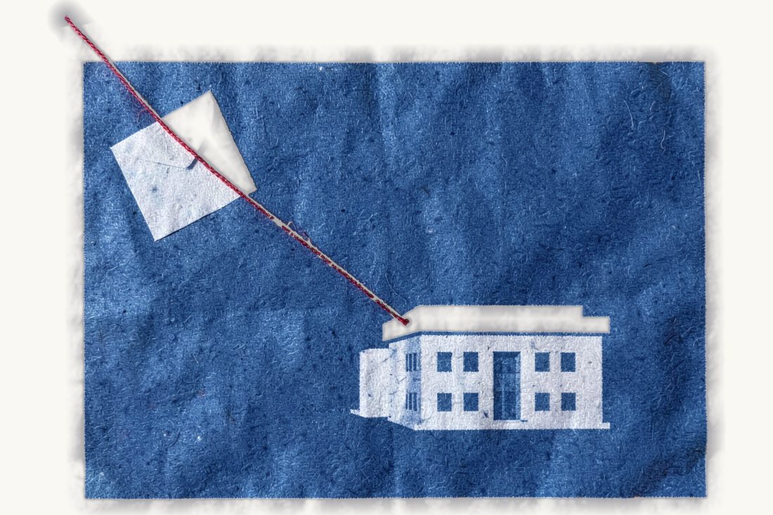 Bearer shares and notification to the central registry: cyanotype print of a blank share certificate with a scalloped border, a red thread running from it to a closed envelope beside a low office building