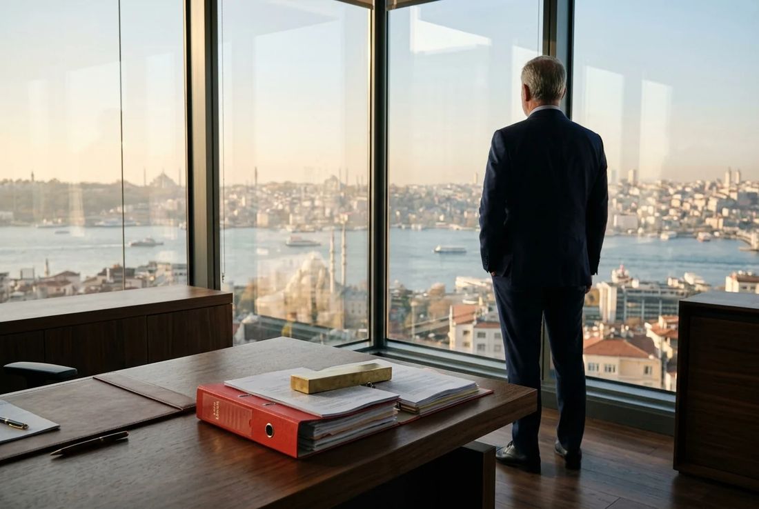 Commercial litigation lawyer in a dark navy suit reviewing breach of contract and damages claim files in an Istanbul office overlooking the Bosphorus